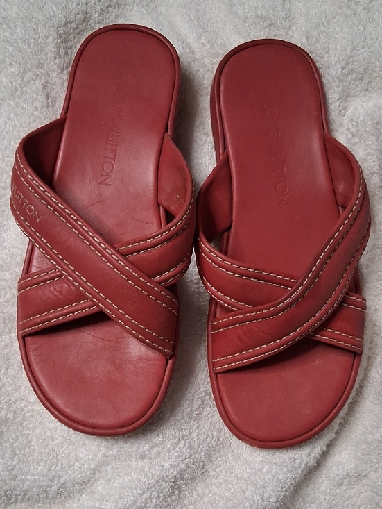 Louis Vuitton Red Leather Crossover Slide Sandals